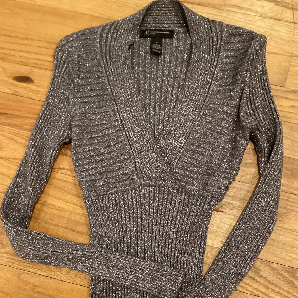 INC International Concepts - Silver & Black Slim Fitting V Neck Top